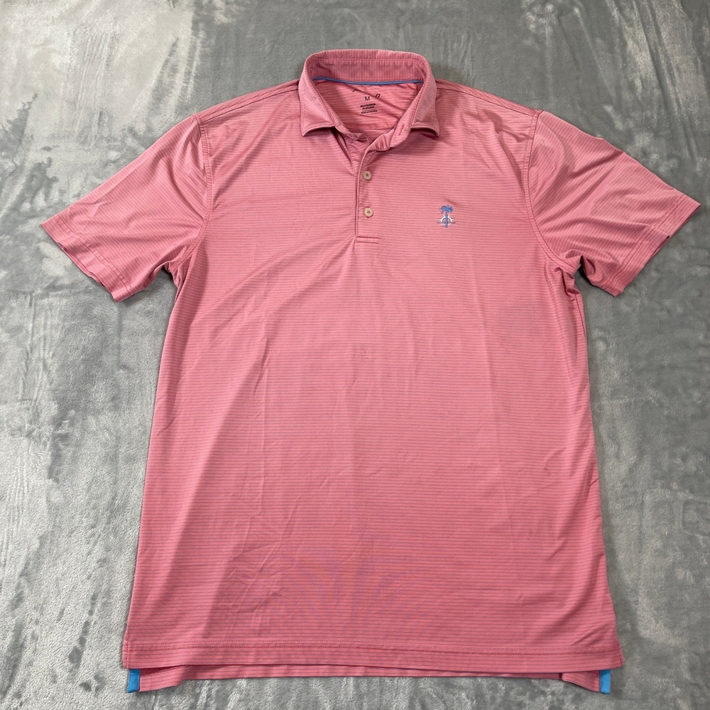 Johnnie-O Mens M Pink Blue Micro Stripe Performance Golf Polo Shirt Stretch